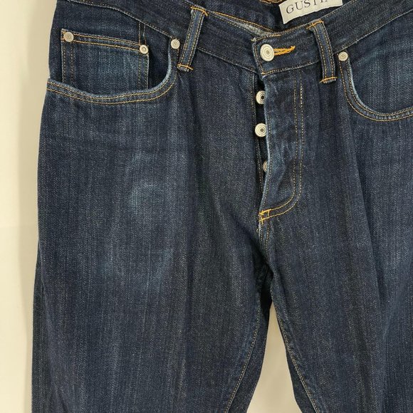 Gustin Size 34 Dark Blue Wash Slim Raw Selvedge Button Fly Jeans - Picture 2 of 7